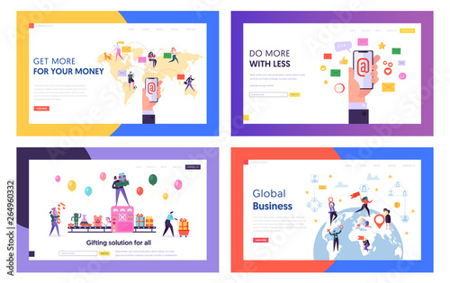E-mail Service, Global Business, Gifts Purchasing Website Landing Page Templates Set. People Using Electronic Mail, Buying Presents, Expanding Biz Web Page. Cartoon Flat Vector Illustration, Banner