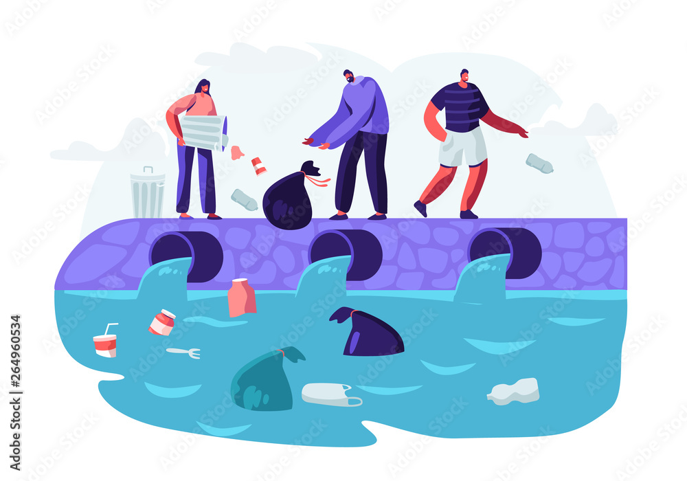 Water Plastic Pollution. People Dumping Garbage Into River, Trowing