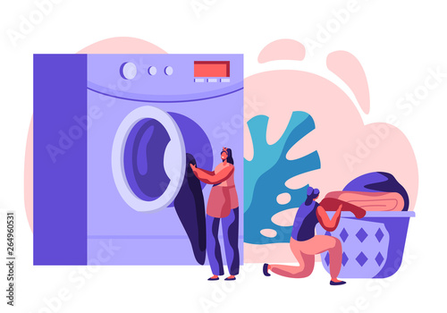 Female Characters in Public Laundry Laying Clean Clothes to Basket, Loading Dirty Clothing to Laundromat Machine. Industrial Launderette Washing, Cleaning Service. Cartoon Flat Vector Illustration