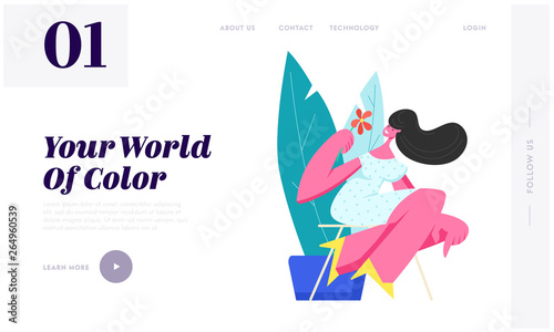 Cute Girl with Flower Sitting on Chair Outdoors among Green Pants Posing to Artist or Relaxing at Summertime Leisure Sparetime. Website Landing Page, Web Page. Cartoon Flat Vector Illustration, Banner