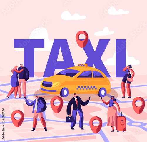 People Ordering Taxi Using Application and Catching on Street Concept. Male and Female Passengers Characters Stand near Yellow Car, Poster, Banner, Flyer, Brochure. Cartoon Flat Vector Illustration