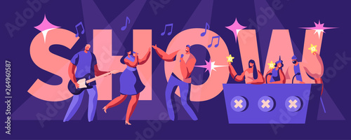 Talents Show Concept. Artists Sing and Play Guitar on Stage in Front of Judges Holding Gold Stars in Hands. Girl and Man Duet on Scene.Poster, Banner, Flyer, Brochure. Cartoon Flat Vector Illustration