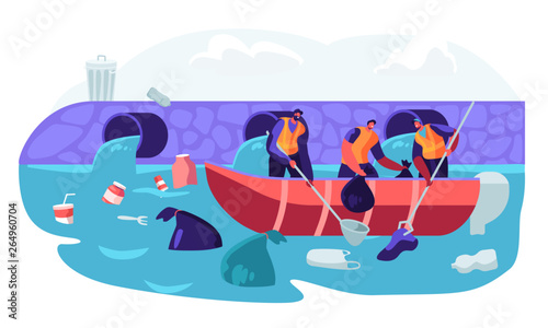 World Ocean Pollution. People in Boat Collecting Plastic Garbage Waste Floating in Sea. Polluted Water Environment. Ecology Ocean Water, Trash, Ecology Protection. Cartoon Flat Vector Illustration