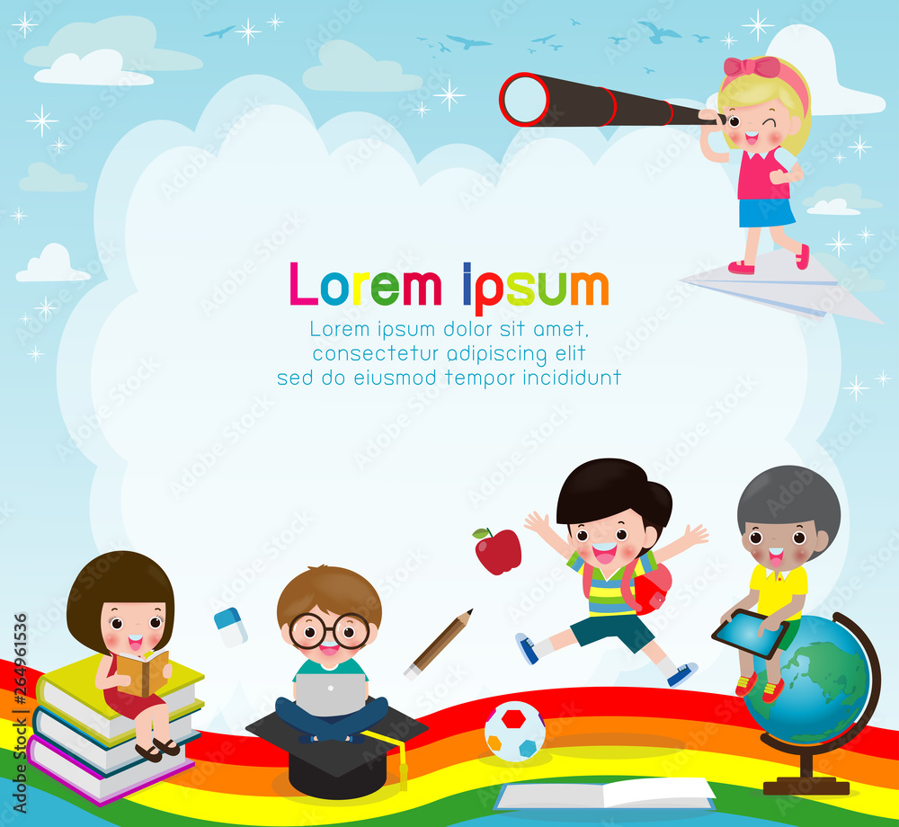 back to school, Cute school kids, education concept, children on the  rainbow, Template for advertising brochure, your text,Kids and frame,child  and frame,happy cartoon background Vector Illustration Stock Vector | Adobe  Stock
