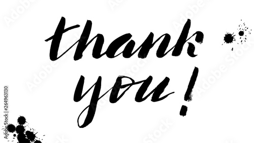 Thank you. Card with quote for thanksgiving day. Hand drawn lettering in sketches style with blots, vector illustration. Hand lettering written of brush pen with black ink on white