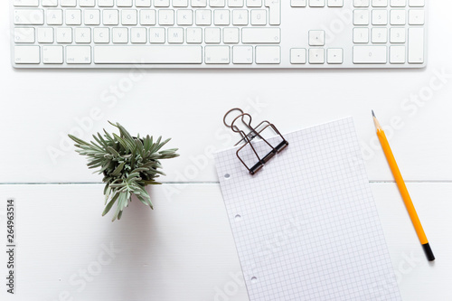 white office table, computer keyboard and little lavender plant, note papers, pencil