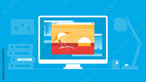 Vacation and travel concept. Office workplace, Images of beaches with palm trees and sun lounger on the monitor. Vector illustration