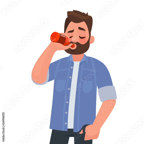 Man drinking beer from a bottle. Alcohol addiction. Vector illustration