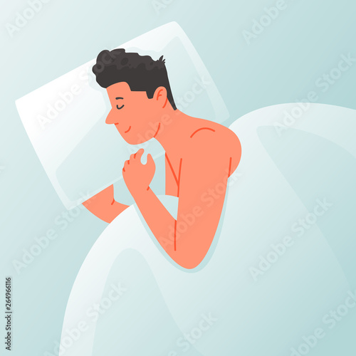 Man is sleeping in bed. Healthy sleep. Vector illustration