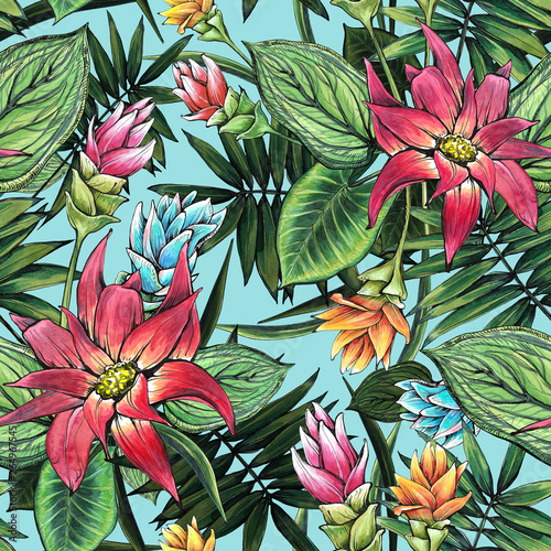 Seamless floral pattern of tropical flowers and leaves.