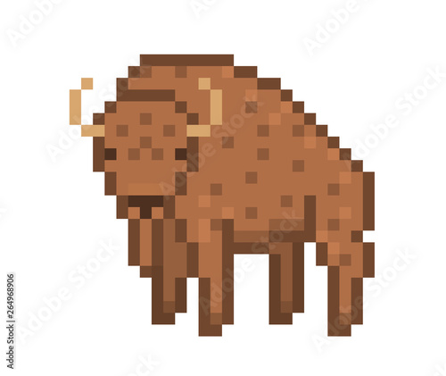 Standing bison, 80s-90s style old school 8 bit pixel art wildlife animal icon isolated on white background. American buffalo logo.