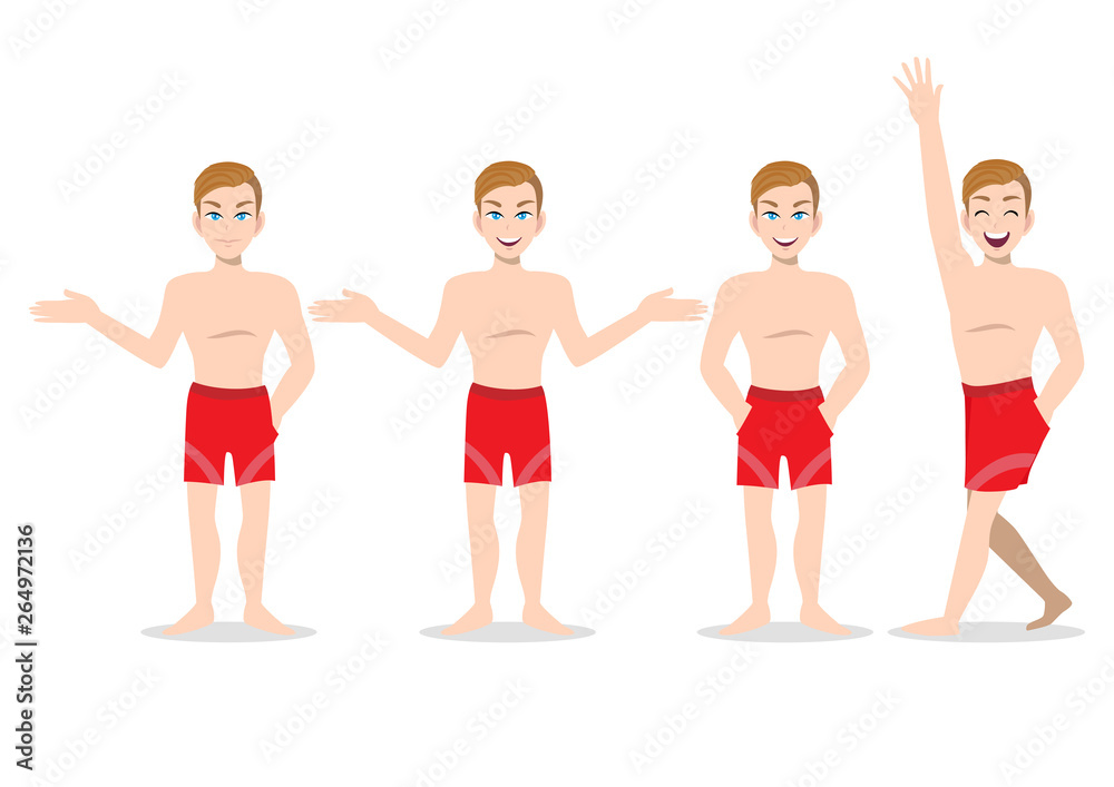 Obraz premium Summer season holiday. Cartoon character on the beach , Handsome man with swimming pant and activities design vector