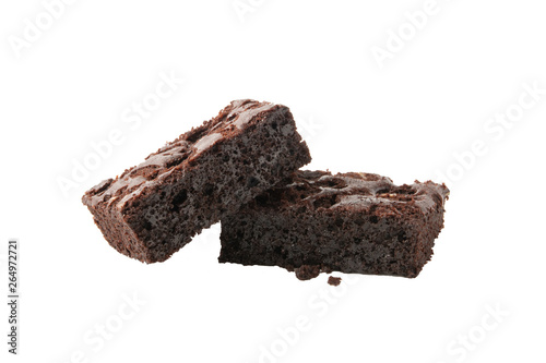 Chocolate brownie pieces isolated on white background