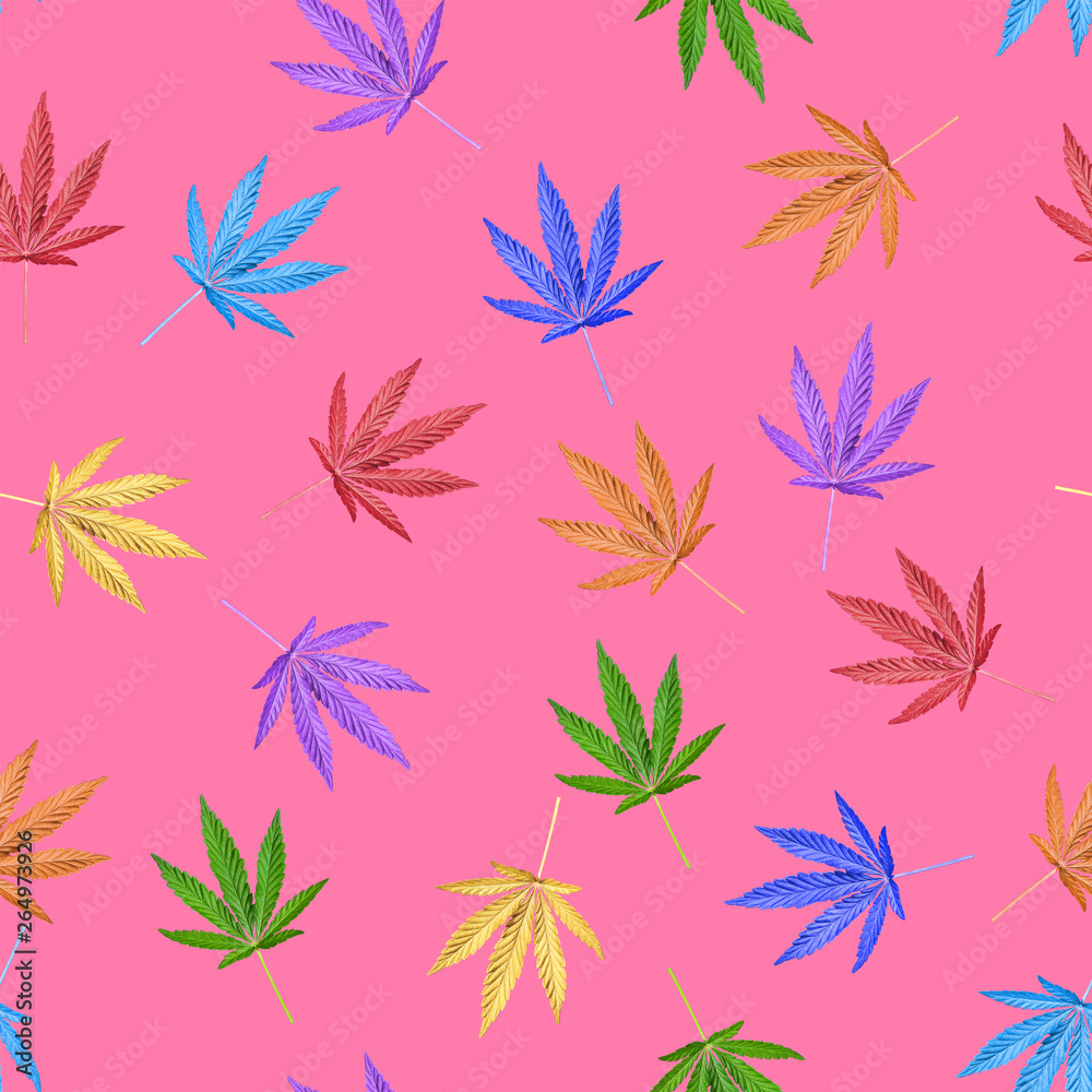 Colorful leaves of hemp or cannabis seamless background.