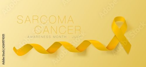 Sarcoma and Bone Cancer Awareness Calligraphy Poster Design. Realistic Yellow Ribbon. July is Cancer Awareness Month. Vector