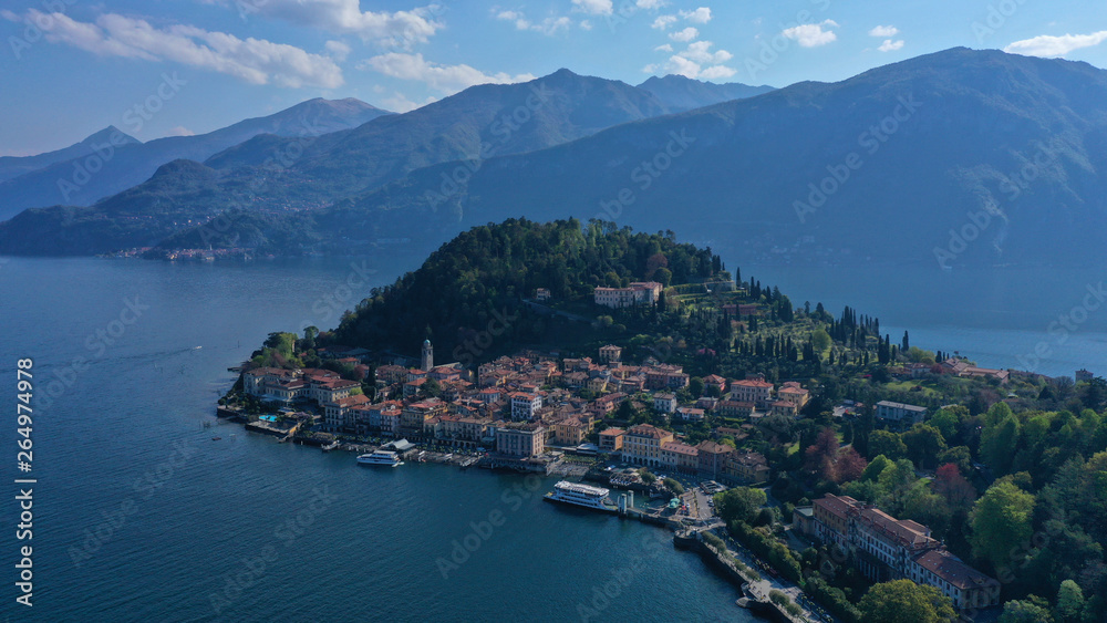 Aerial drone photo of iconic village of Bellagio in lake Como one of the most beautiful and deepest in Europe, Lombardy, Italy