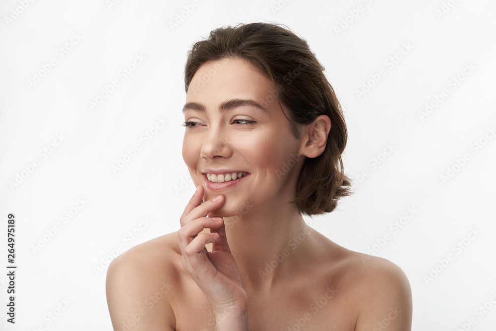 Close up of happy brunette woman on white Close up of happy brunette woman on white