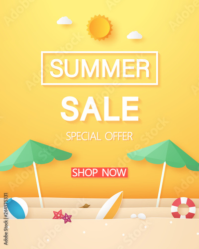 Summer sale , beach with umbrella beach and stuff , paper art style