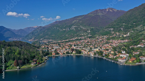 Aerial drone panoramic photo of famous beautiful lake Como one of the deepest in Europe  Lombardy  Italy