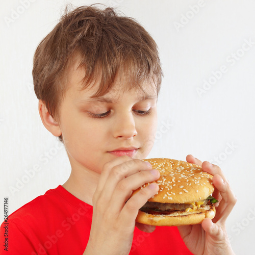 Little cut boy in a red shirt with a tasty hamburger on a white background