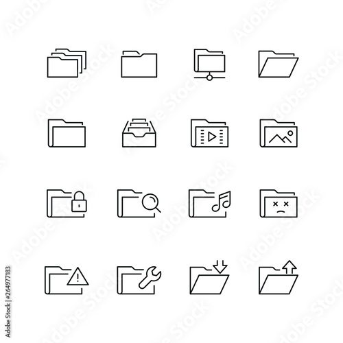 Folders related icons: thin vector icon set, black and white kit