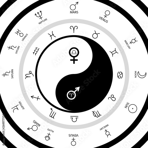Yin Yang oriental sacral symbol with Mars and Venus astrological symbols inside zodiac planets circle chart