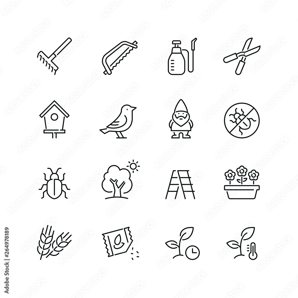 Gardening related icons: thin vector icon set, black and white kit