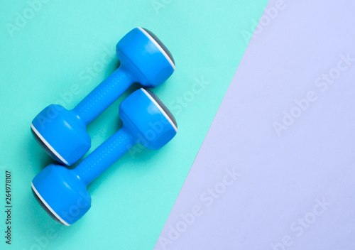 Two blue plastic dumbbells on pastel background Sport, fitness concept. Top view. Flat lay. Minimalism. Copy space