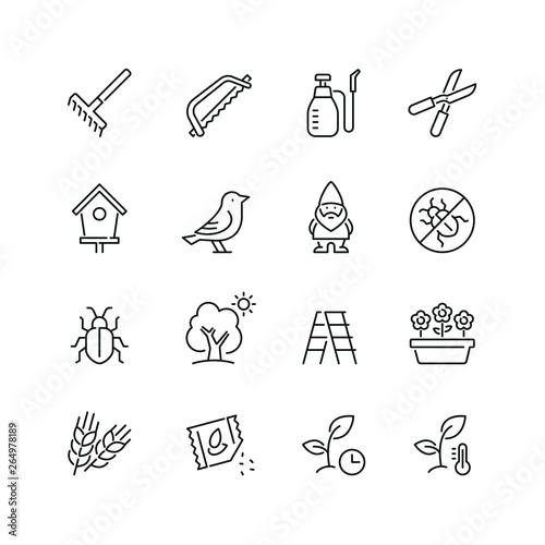 Gardening related icons: thin vector icon set, black and white kit