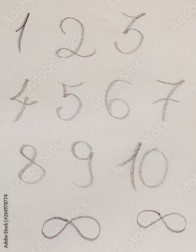 numbers from one to ten, pencil drawing on abstract background.