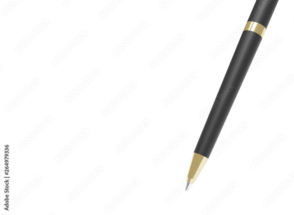 Realistic 3d pen. Black gold metal stationery. Branding of office mock up sample and corporate identity. Design template for business presentation. Luxurious expensive pen on white background. Realistic 3d pen. Black gold metal stationery. Branding of office mock up sample and corporate identity. Design template for business presentation. Luxurious expensive pen on white background.