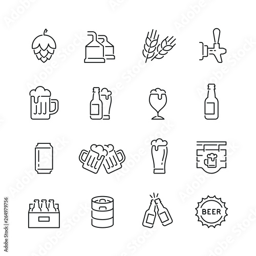 Beer related icons: thin vector icon set, black and white kit