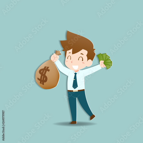 Happy businessman holding a money and gold coin bag, sack. Rich people who can make a lot of income, profit financial.