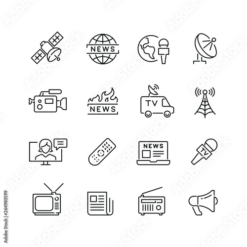 Mass media related icons: thin vector icon set, black and white kit