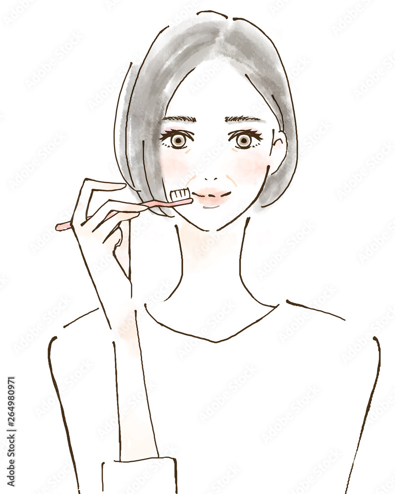 歯ブラシを持つ女性 笑顔 人物 手描きイラスト シニア