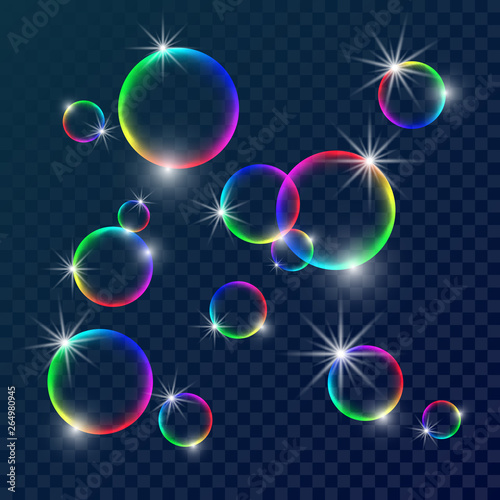 Colorful soap bubbles. Vector illustration with transparent color background.