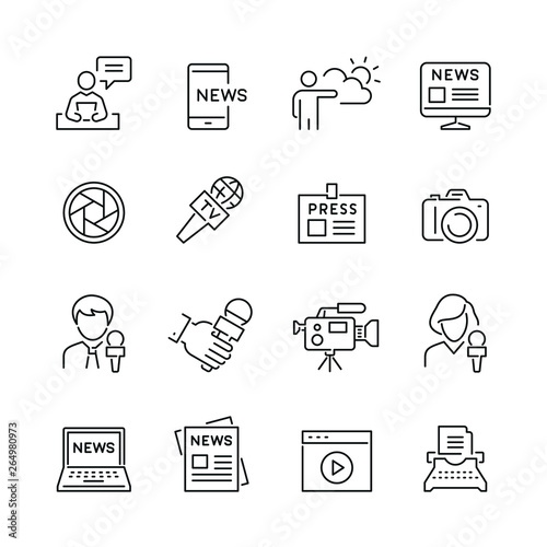 Mass media related icons: thin vector icon set, black and white kit photo
