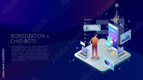 modern isometric design style conceptual composition Robotization and Chat-bots metaphor