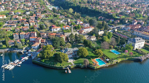 Aerial drone panoramic photo of famous beautiful lake Como one of the deepest in Europe, Lombardy, Italy