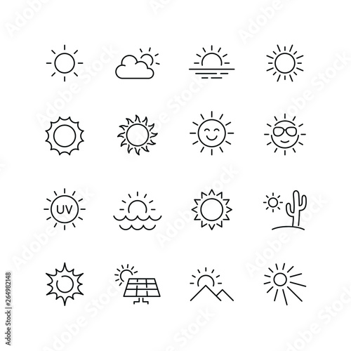 Sun related icons: thin vector icon set, black and white kit