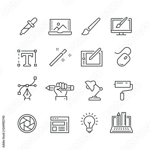 Design related icons: thin vector icon set, black and white kit