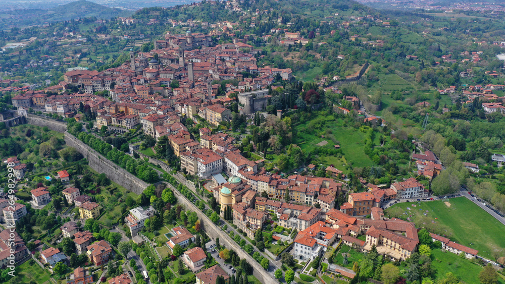 Aerial drone photo of iconic and beautiful old fortified upper Medieval city of Bergamo, Lombardy, Italy