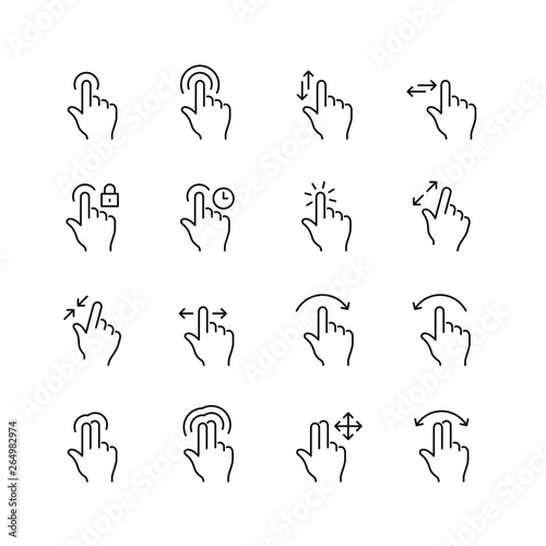 Touch gestures related icons: thin vector icon set, black and white kit photo