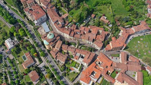 Aerial drone photo of iconic and beautiful old fortified upper Medieval city of Bergamo, Lombardy, Italy