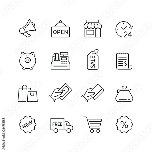 Shopping related icons: thin vector icon set, black and white kit