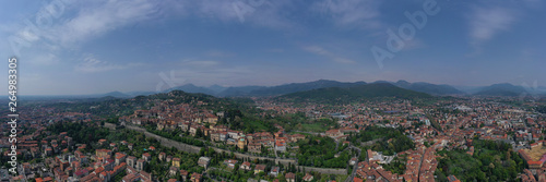 Aerial drone photo of iconic and beautiful old fortified upper Medieval city of Bergamo, Lombardy, Italy