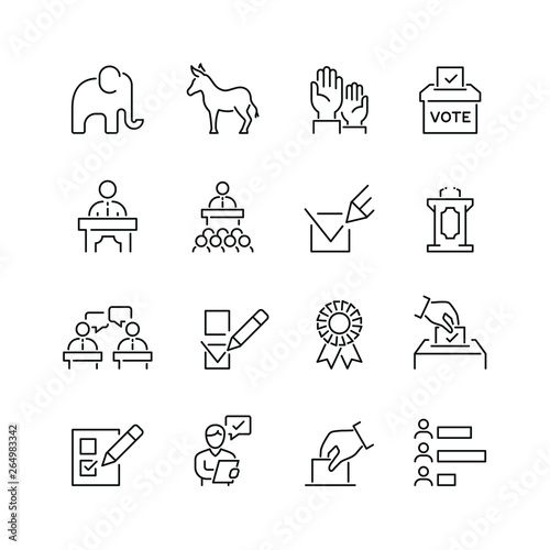 Elections related icons: thin vector icon set, black and white kit