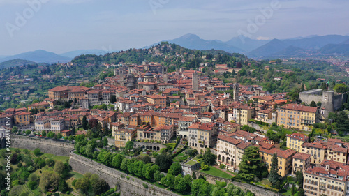 Aerial drone photo of iconic and beautiful old fortified upper Medieval city of Bergamo, Lombardy, Italy