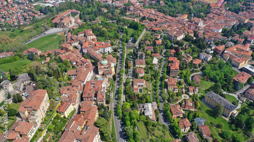 Aerial drone photo of iconic and beautiful old fortified upper Medieval city of Bergamo  Lombardy  Italy