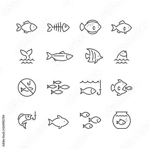 Fototapet Fish related icons: thin vector icon set, black and white kit